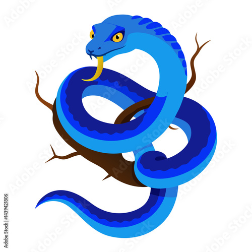 Blue viper snake coiled on a branch with bright yellow eyes and forked tongue