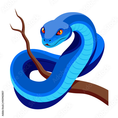 Blue viper snake coiled on a branch with bright yellow eyes and forked tongue