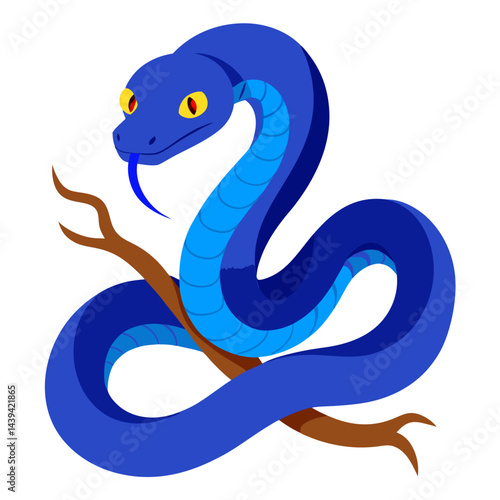 Blue viper snake coiled on a branch with bright yellow eyes and forked tongue