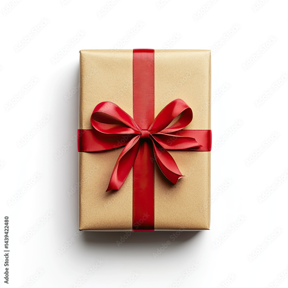 Gift box, wrapped in kraft paper, red ribbon Gift box, wrapped in kraft paper, red ribbon