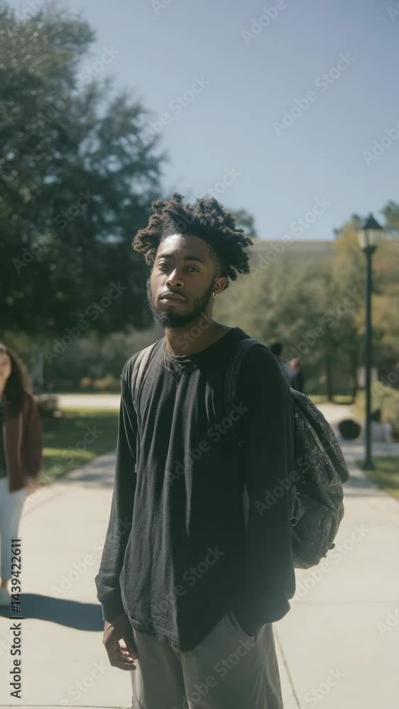 Young man standing on campus pathway in autumn, surrounded by trees and students during a sunny day Young man standing on campus pathway in autumn, surrounded by trees and students during a sunny day