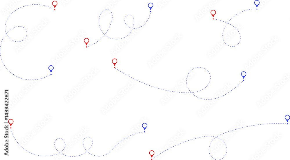Route icon - two points with dotted path and location pin. Route location icon two pin sign and dotted line. Travel icon. Travel from start point and dotted line tracing. Route icon - two points with dotted path and location pin. Route location icon two pin sign and dotted line. Travel icon. Travel from start point and dotted line tracing.