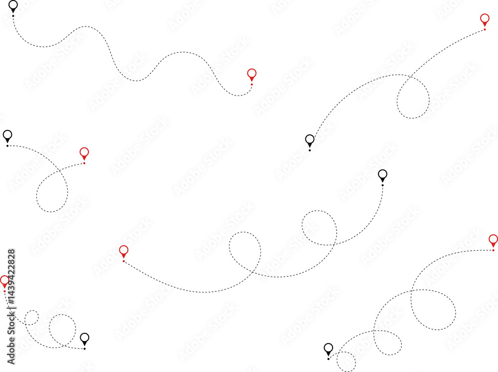 Route icon - two points with dotted path and location pin. Route location icon two pin sign and dotted line. Travel icon. Travel from start point and dotted line tracing. Route icon - two points with dotted path and location pin. Route location icon two pin sign and dotted line. Travel icon. Travel from start point and dotted line tracing.