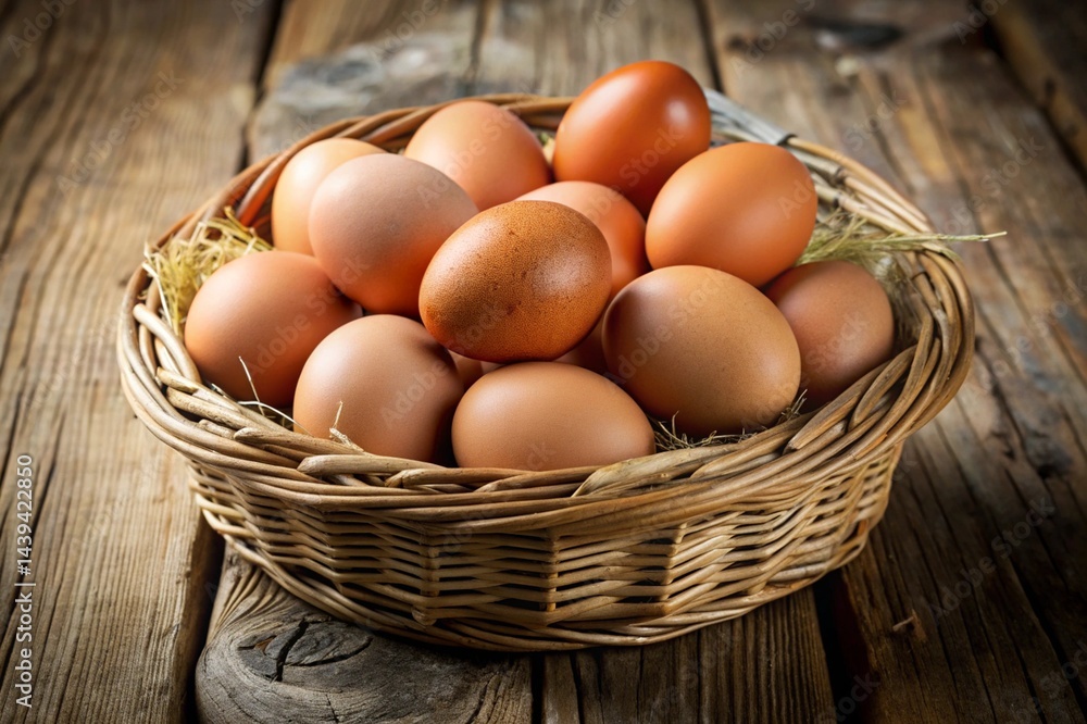 A basket full of eggs is sitting on a wooden table A basket full of eggs is sitting on a wooden table