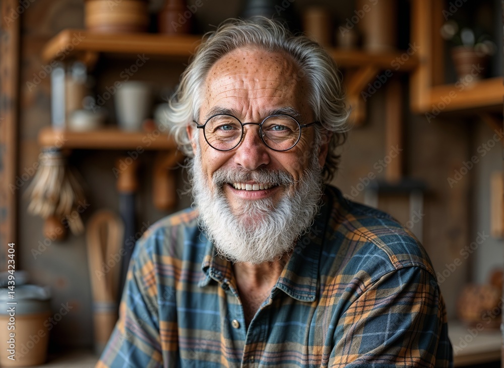 elderly man with a full gray beard, wearing round glasses and a casual flannel shirt a rustic workshop. Man is smiling warmly, revealing a joyful personality. elderly man with a full gray beard, wearing round glasses and a casual flannel shirt a rustic workshop. Man is smiling warmly, revealing a joyful personality.