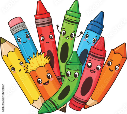 Educational Cartoon Crayons and Pencils Set