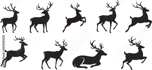 Silhouettes of various deer poses in black against a white background.