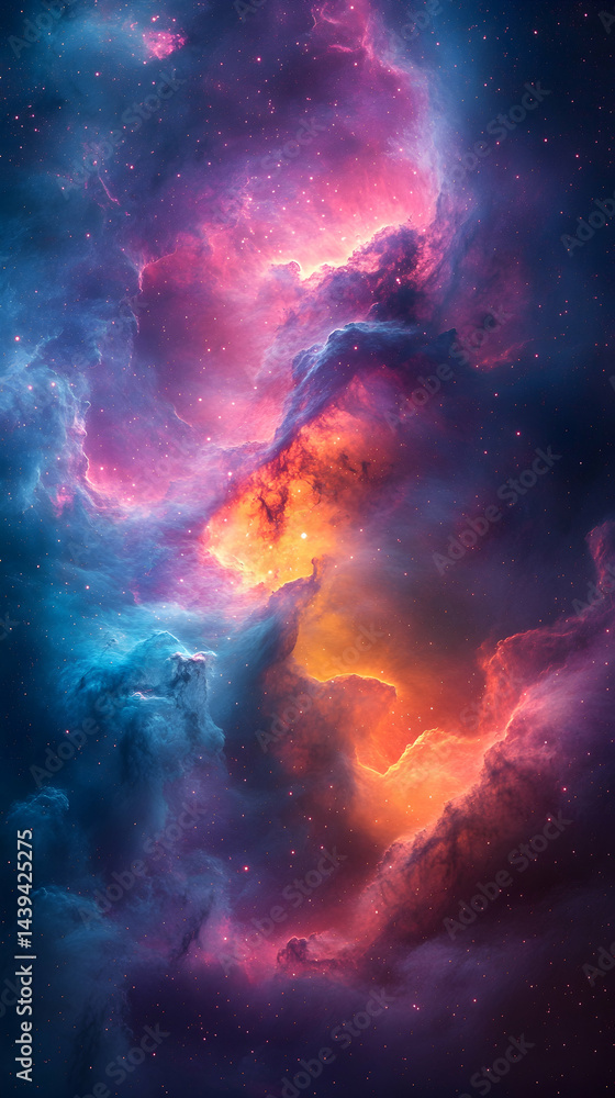 An epic celestial scene shows vibrant nebula clouds swirling with deep purples blues orange and pink hues An epic celestial scene shows vibrant nebula clouds swirling with deep purples blues orange and pink hues