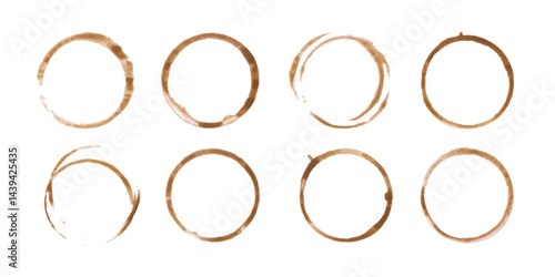 Coffee or tea stain drink cup rings vector illustration set isolated on white background. Coffee stain marks ring cup spot trace. Brown round splashes of drink collection.