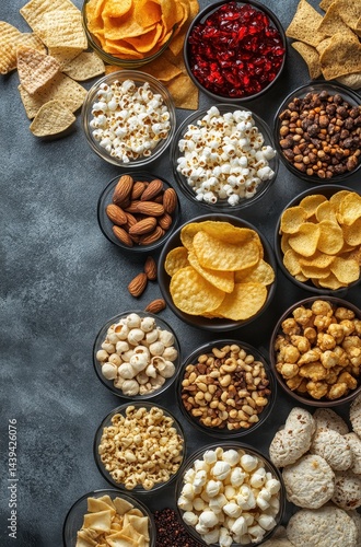 Display of Various Snacks in Bowls Including Popcorn, Chips, Nuts, and Candy Arranged on a Table for a Party or Gathering Setting