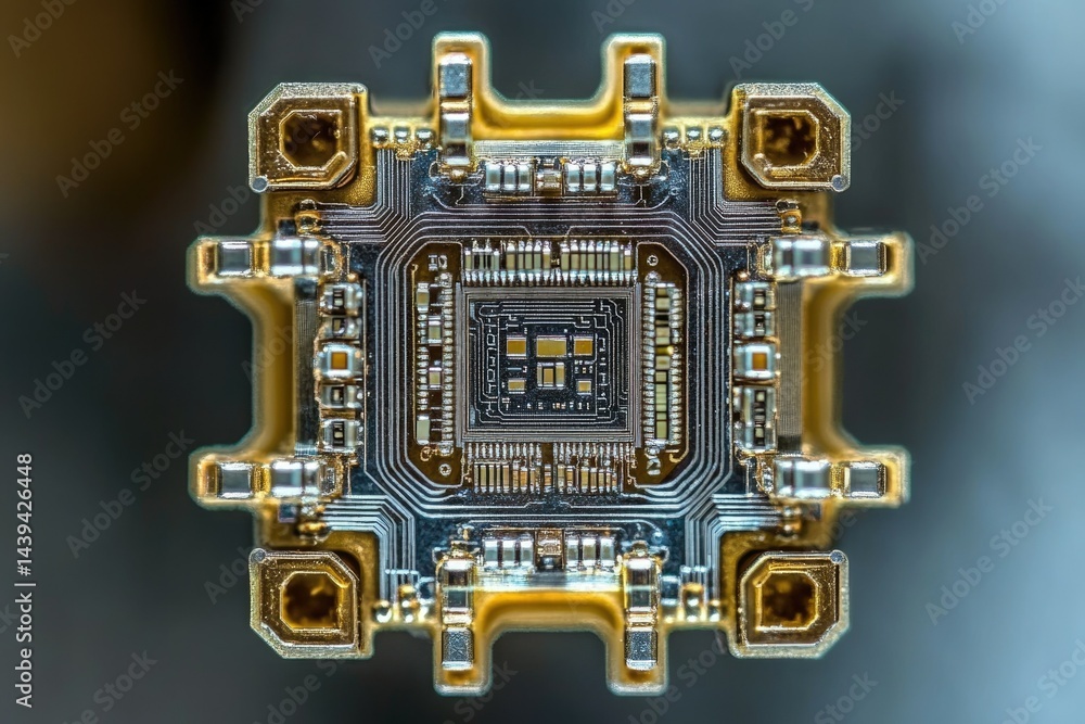 Fototapeta premium Close-up view of a microchip's intricate circuitry and golden connectors.