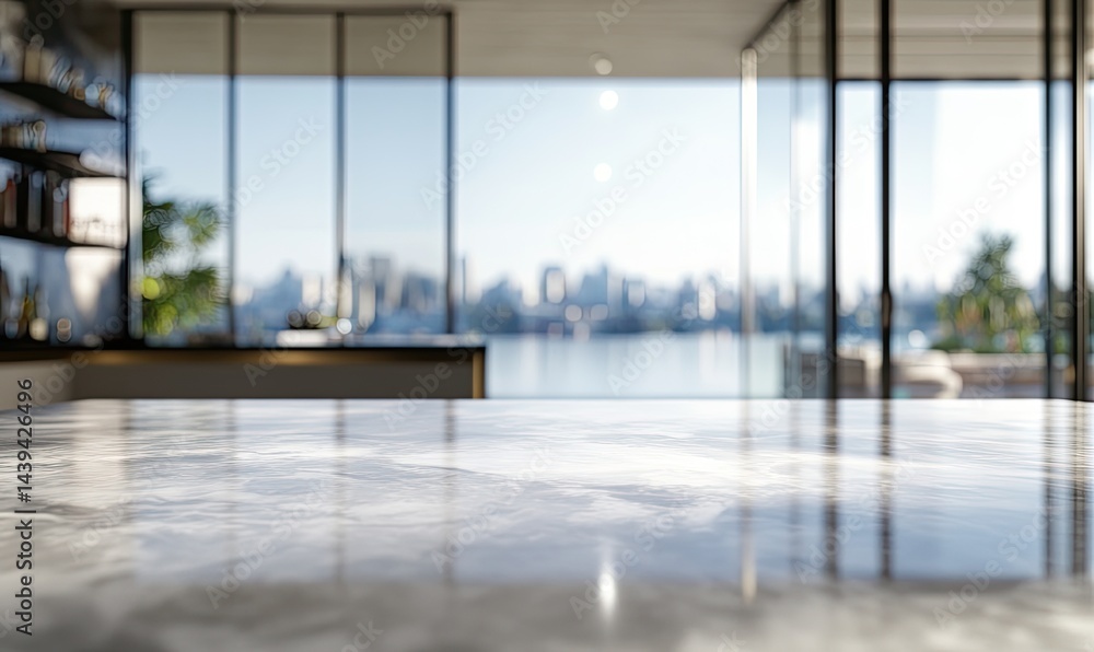 Fototapeta premium Modern kitchen countertop overlooking city views