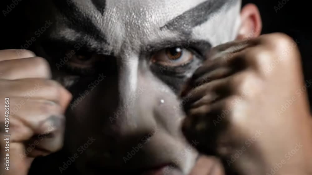 Fighter with painted face prepares for action in a dark setting during a combat sport event Fighter with painted face prepares for action in a dark setting during a combat sport event