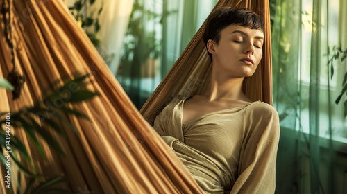 Young woman resting in a hammock surrounded by plants in a serene indoor setting