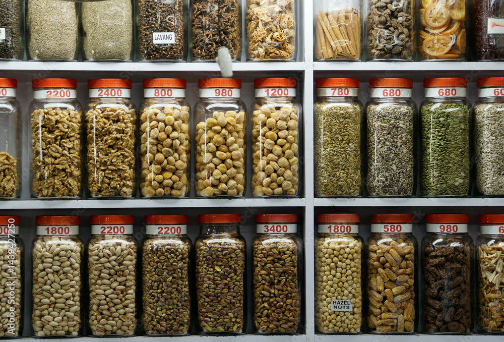 Market stall selling dried nuts