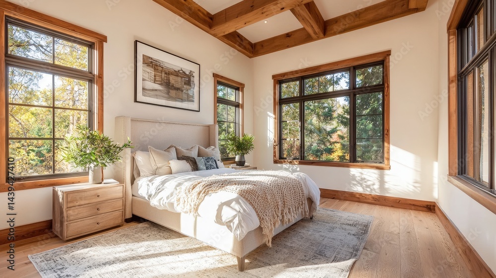 Cozy mountain bedroom with large windows and wooden beams. Cozy mountain bedroom with large windows and wooden beams.
