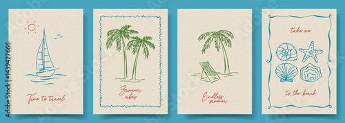 Set of trendy hand drawn posters. Vector doodle vintage cards with palm tree, seashells, yacht, typography design. Retro flyers for decoration party, holiday, event, poster, invitation, banner.