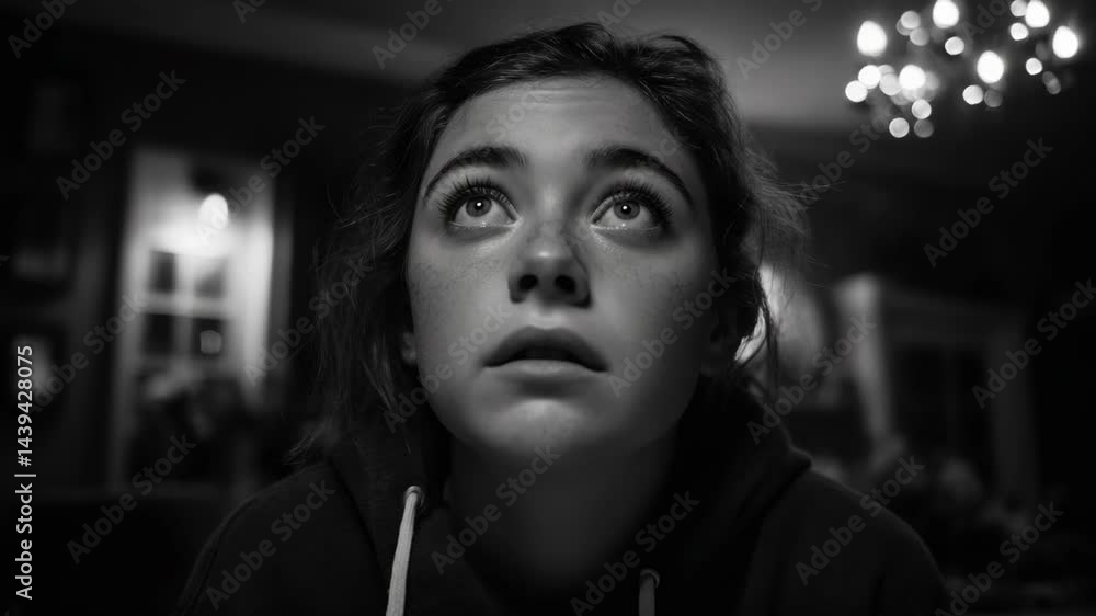Young girl gazes upward in a dimly lit room, captivated by an unseen source of wonder Young girl gazes upward in a dimly lit room, captivated by an unseen source of wonder