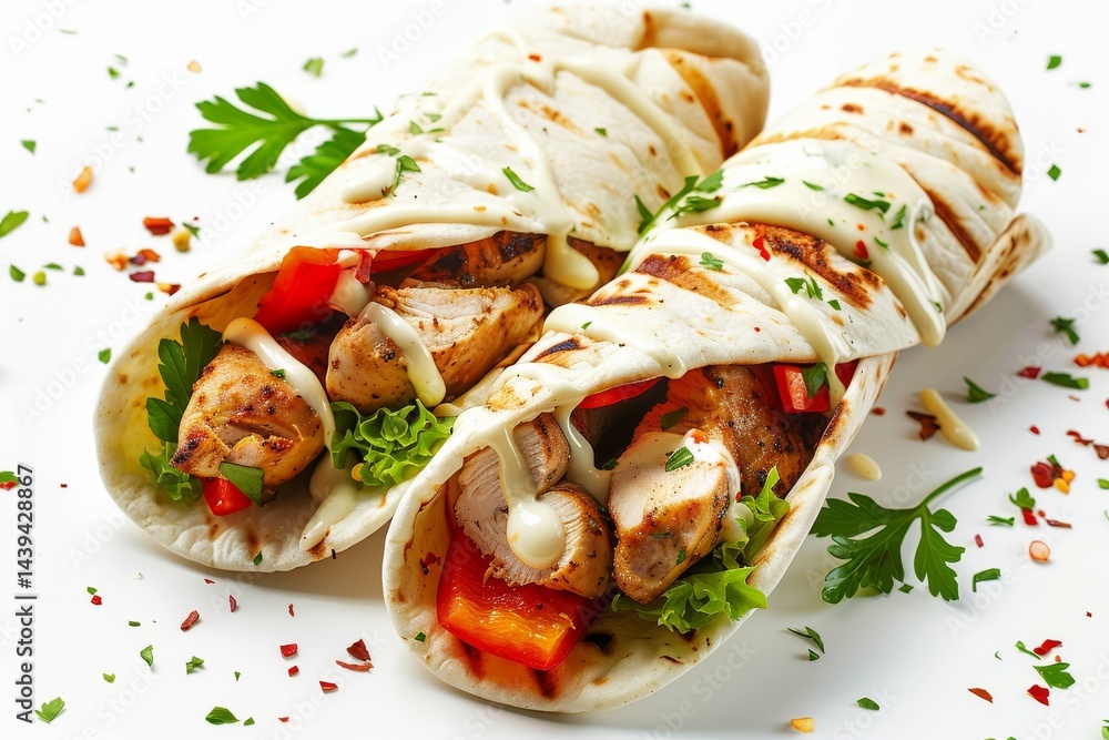 Culinary Adventure: Exploring Chicken Shawarma Magic Isolated On White Background. Culinary Adventure: Exploring Chicken Shawarma Magic Isolated On White Background.