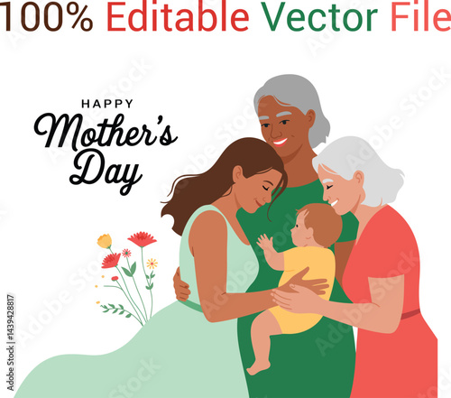 Mothers Day Illustration Grandmother Mother Child Pastel Colors Minimalist Style Floral Elements Vector Art