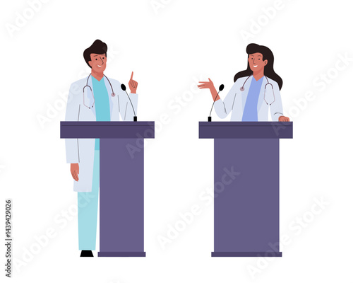 Medicine conference. Female and male doctor standing at podium and giving a speech for audience. Two doctors have professional medicine dialogue