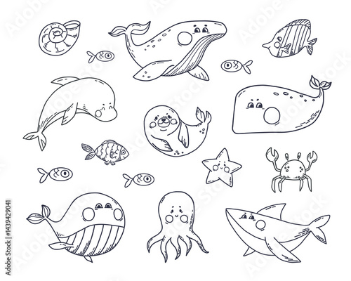 Ocean aquatic animals set in doodle style. Underwater mammals different species whales, shark, seal, dolphin, octopus, crab. Vector illustration