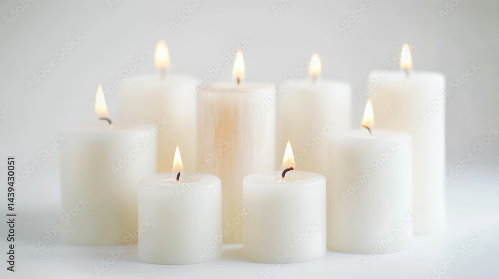 Group of white pillar candles with one partially burned down on white background. Group of white pillar candles with one partially burned down on white background.
