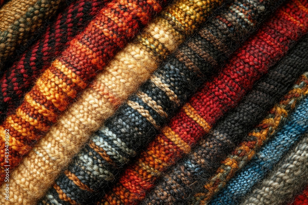A stack of colorful knitted fabrics showcasing various textures and patterns in warm autumnal tones. A stack of colorful knitted fabrics showcasing various textures and patterns in warm autumnal tones.