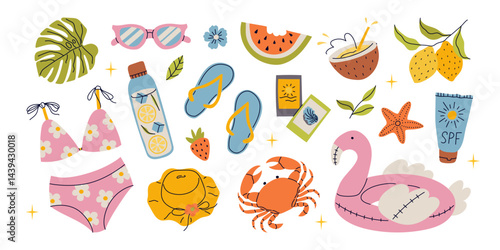 Cute Summer Stickers Set for daily planner. Collection of scrapbooking elements for beach party. Tropical vacation. Vector illustration isolated on white background