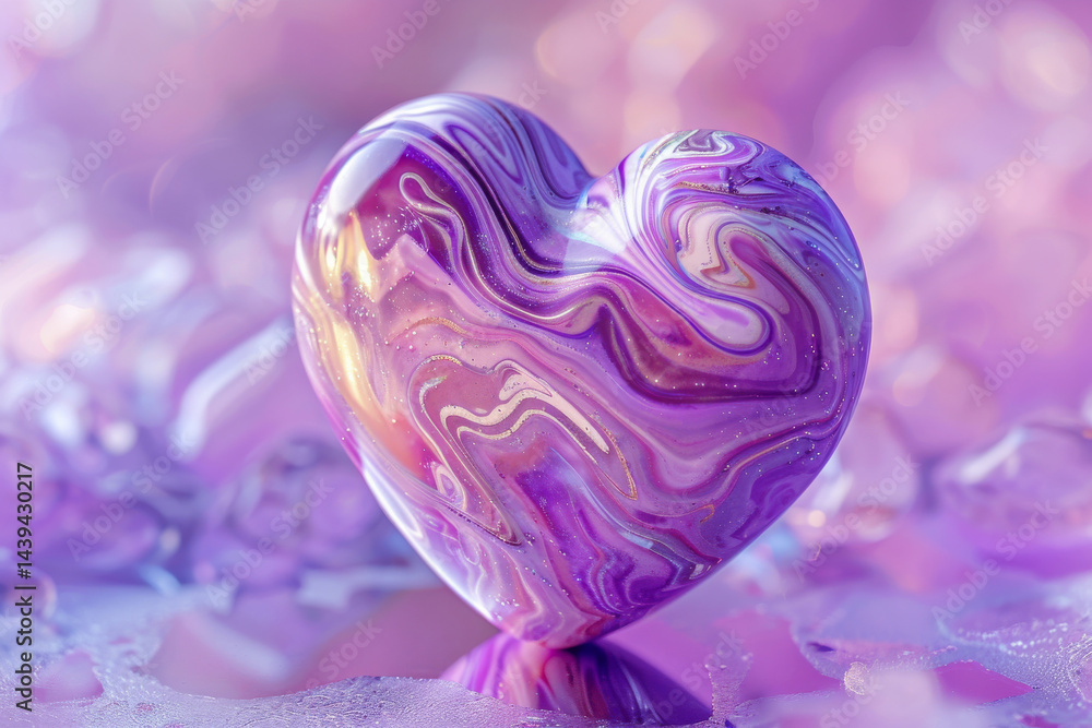 Fototapeta premium Colorful purple heart shape with marbled pattern. Abstract artistic design, vibrant texture, reflective finish.