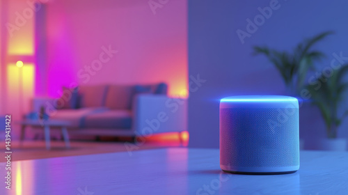 Smart home device with blue light in modern living room, creating cozy atmosphere and enhancing convenience