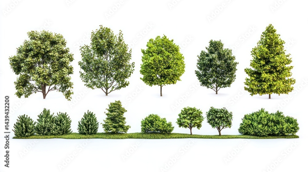 Fototapeta premium Group of wooded park landscapes with undergrowth and small bushes on white background.