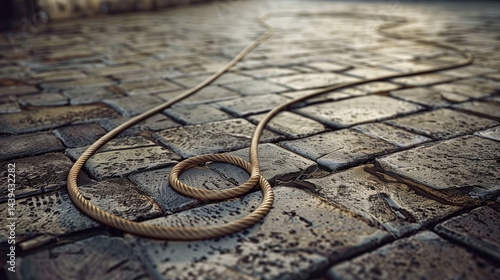 Coiled rope on cobblestone pavement with detailed textures and shadows