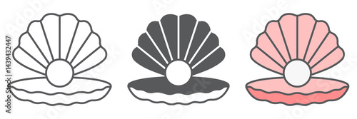 Seashell with pearl icon collection, shell and ocean animals, open seashell vector icon set, vector graphics, editable stroke outline sign, eps 10