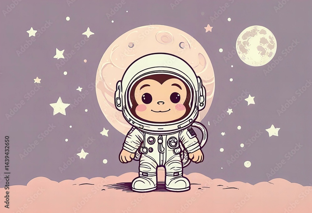 Cute chibi astronaut monkey with moon background. Cute chibi astronaut monkey with moon background.