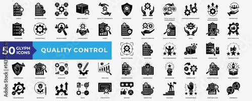 Quality Control icon set with accreditation, best product, quality assurance, achievement, process improvement, continuous improvement, quality service, quality control and maintenance