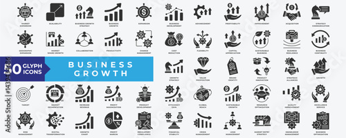 Business Growth icon set with market expansion, scalability, strategy, business development, improvement, collaboration, productivity, change management, growth and product development