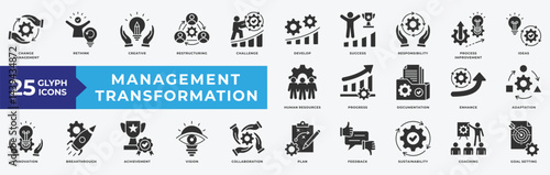 Management Transformation icon set with change management, creative, challenge, develop, success, process improvement, ideas, human resources, achievement, collaboration and coaching
