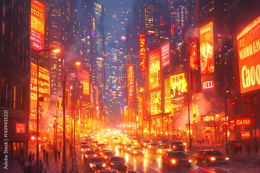 Naklejka premium Vibrant, stylized cityscape at night, awash in warm, orange hues. Rainslicked streets reflect the dazzling lights of towering buildings and numerous billboards.