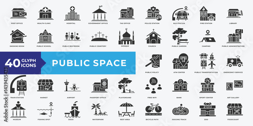Public Space icon set with Post Office, Health Clinic, Hospital, Government Office, Tax Office, Police Station, Bus Station, Fire Station, Library, Public School, airport, bank and transportation