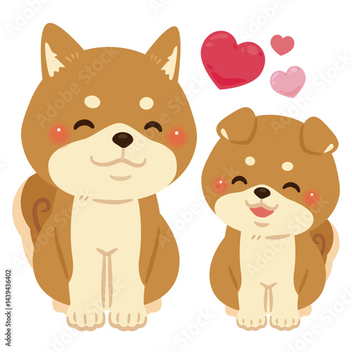 お座りした笑顔の柴犬の親子イラスト