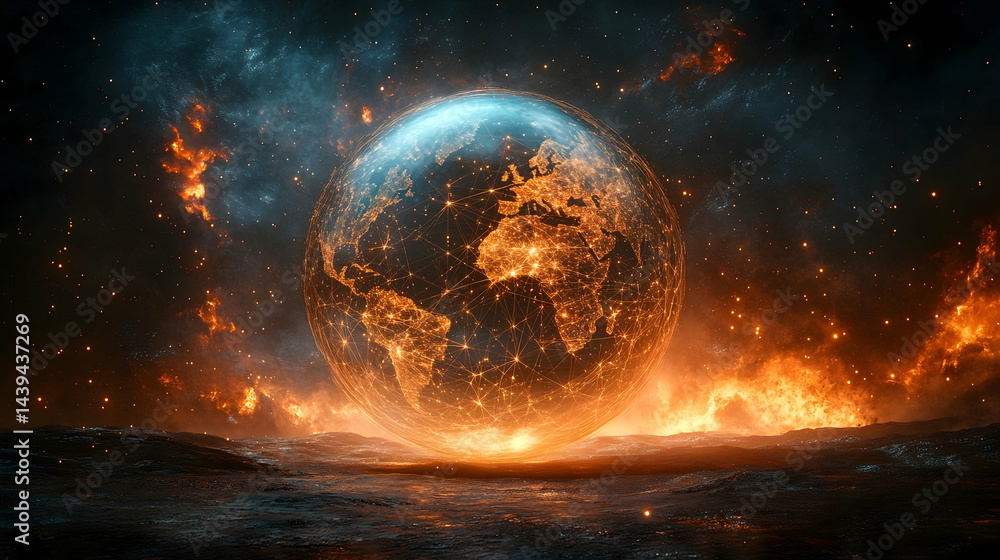 A digital globe over the ocean glows with orange light against a backdrop of fiery and cosmic elements A digital globe over the ocean glows with orange light against a backdrop of fiery and cosmic elements
