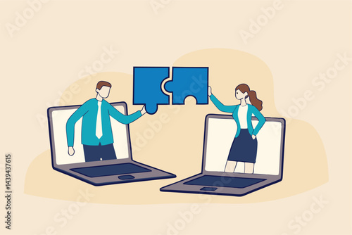 Remote work collaboration or partnership, work from home or distant to get business solution together, online conference meeting concept, businessman and woman coworker solve jigsaw puzzle together.