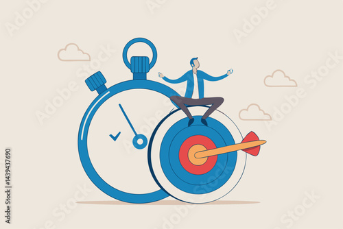 Self discipline, professional to finish work or achieve goal before deadline, time management, productivity to reach target in timely manner concept, calm businessman meditate on target and stopwatch.