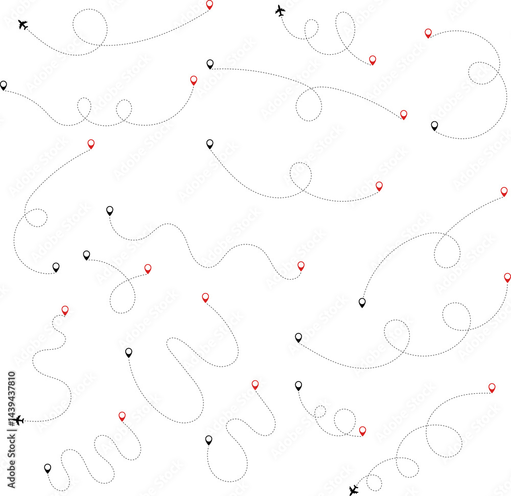 Route icon - two points with dotted path and location pin. Route location icon two pin sign and dotted line. Travel icon. Travel from start point and dotted line tracing. Route icon - two points with dotted path and location pin. Route location icon two pin sign and dotted line. Travel icon. Travel from start point and dotted line tracing.