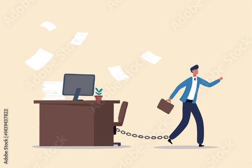 Office job work hard like a slave, overworked with busy and urgent assignment, exhausted or stressful responsibility concept, depressed businessman prisoner found himself chained with working desk.