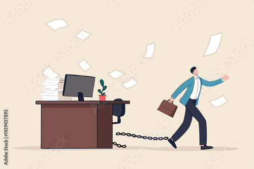 Office job work hard like a slave, overworked with busy and urgent assignment, exhausted or stressful responsibility concept, depressed businessman prisoner found himself chained with working desk.