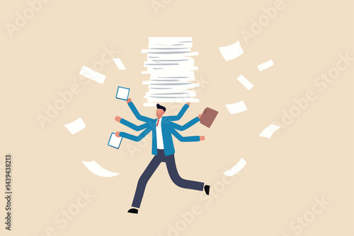 Busy work and multitasking employee, hurry to finish many documents within deadline and schedule, overworked or exhausted from overload tasks concept, stressful businessman carry busy work to finish.