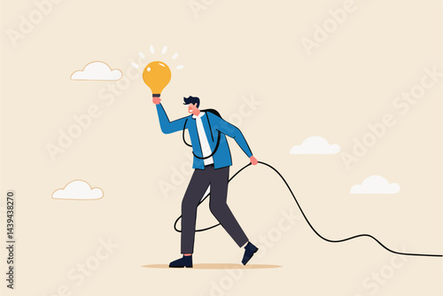 Solving complex problem, difficult idea or complicated solution, challenge or contemplation to overcome difficulty concept, frustrated businessman holding lightbulb idea while try to solve messy knot.