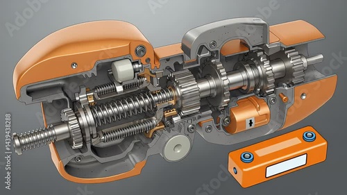 Detailed 3D Render of  Internal Mechanism of a Linear Actuator, Showing Gears, Springs and Internal Components